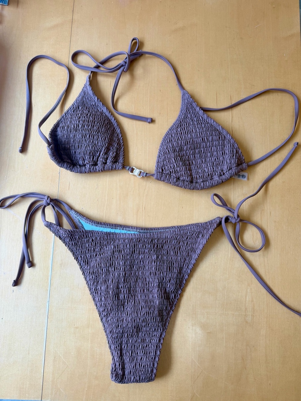 Zaful Brown Smocked Tie-Side Triangle Bikini Set